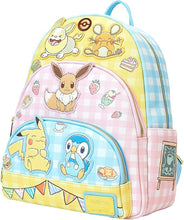 Load image into Gallery viewer, Loungefly Pokémon Café Triple Pocket Backpack | Pokemon Cafe Sweet Treats with Piplup, Dedenne, Yamper, Eevee, Pikachu